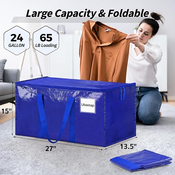 8 Pack Extra Large Heavy Duty Moving Bags Blue Storage Bins with Lids Reinforced Handles &amp Heavy-Duty Zippers Moving Boxes Storage Bags Totes for Clothes Packing Dorms College Supplies Blue