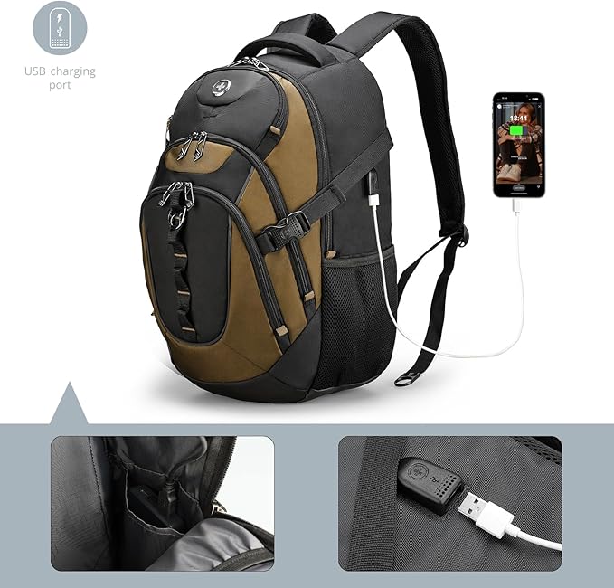 Swissdigital Design Laptop Backpack with USB Charging Port Travel Backpack Fits 15.6 inches Computer 31L College School Backpack for Men Tan/Black | SD803-34