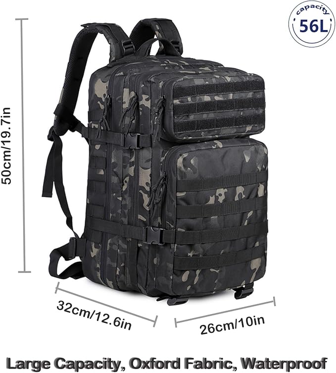 56L Tactical Backpack Military Molle Backpack Army 3 Day Waterproof Durable Hiking Rucksack for Men 24H Outdoor Survival Bug Out Bag for Camping Travel Hunting Camouflage Black
