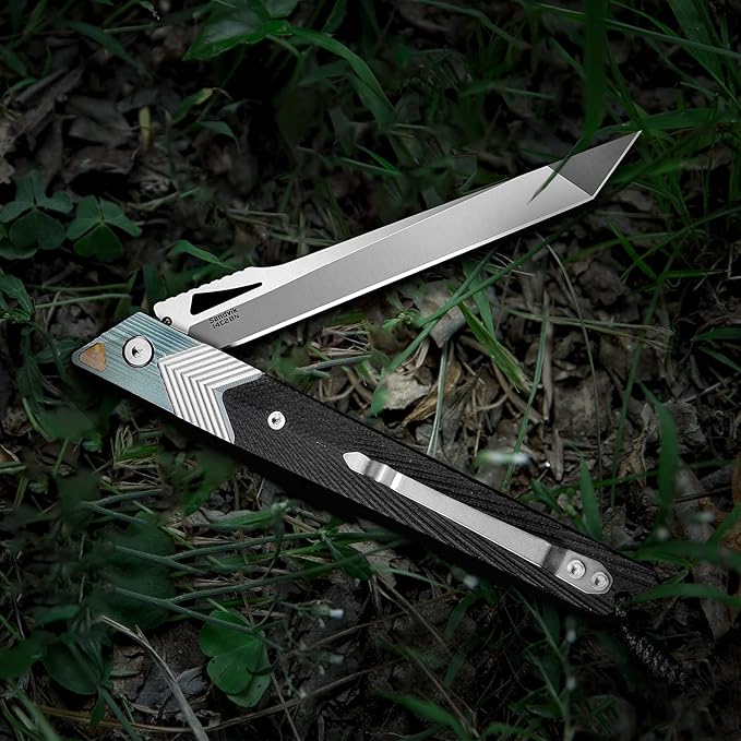 Folding Knife with Clip 14C28N Steel Tanto Blade Non-slip Titanium Alloy Handle Lightweight EDC Gentleman's Pocket Knife with Sheath for Belt