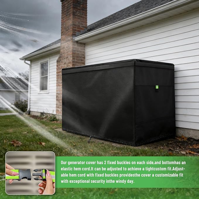 Generator Cover Fits for Generac 7043 22 kw Home Standby Generator Covers 600D Oxford Waterproof Dust-proof and UV-Resistant Cover with Fluorescent Green Buckle