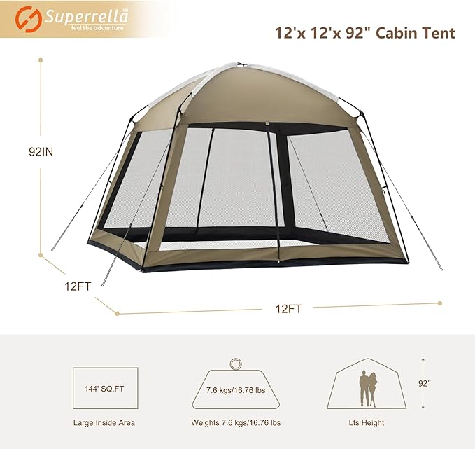 12 x 12 FT Camping Screen Tent for 8-10 Person Easy Setup Screen House with UV 50+ Sun Protection &amp Mosquito Net for Camping Backyard Picnic Patio Outdoor Kakhi
