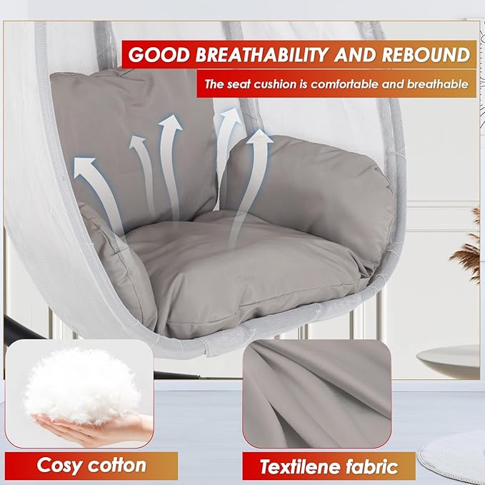 Egg Chair with Comfy Cushions Indoor Outdoor Hanging Chair Sturdy Heavy Duty Hammock Chair with Stand Cushions Breathable Fabric Cover for Patio Bedroom Garden Poolside Grey