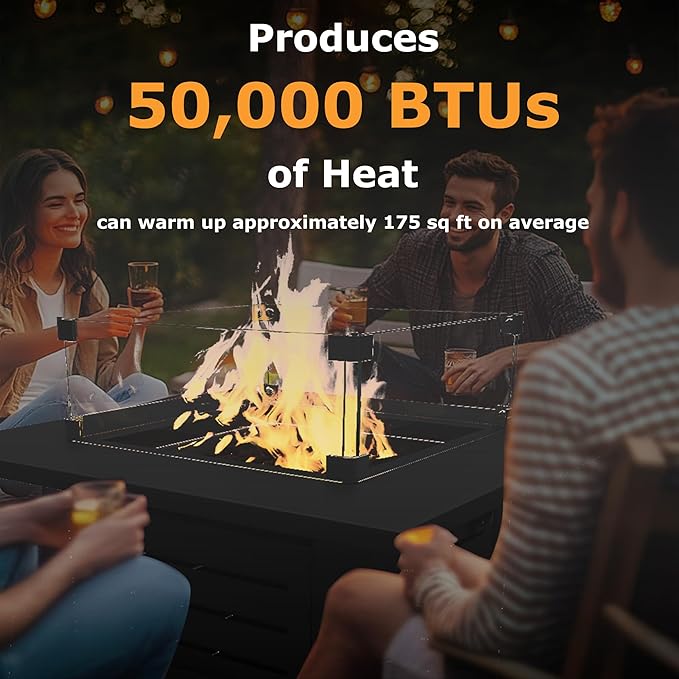 28'' Propane Fire Pit Table 50000 BTU Steel Gas Firepit for Outdoor Patio Deck and Garden CSA Certified Fire Pit with Lid Waterproof Cover Glass Wind Guard and Lava Rock Black