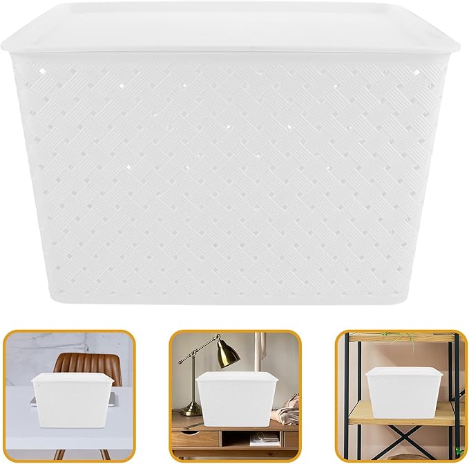Plastic Storage Bins White Organizer Basket with Lid and Handles Woven Design Storage for Pantry Shelves Closet Playroom Classroom and Office