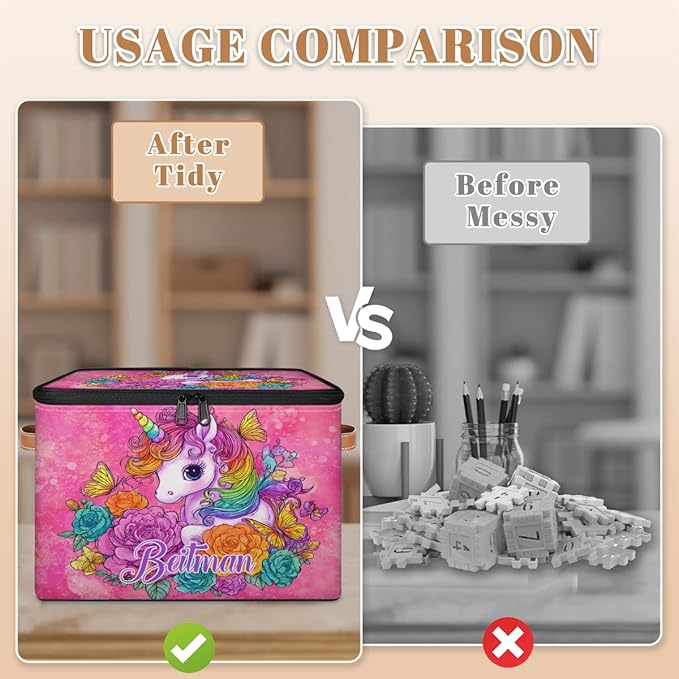 Storage-Bins with Lids Personalized Closet-Storage-Bins Under-Bed Stackable-Cubes-Box for Home Bedroom Unicorn Pink Floral