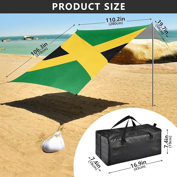 Jamaica Flag Beach Tent UPF50+ Protection Easy Setup Shade Sun Shelter with Sandbags Sand Shovel Poles for Backyard and Camping