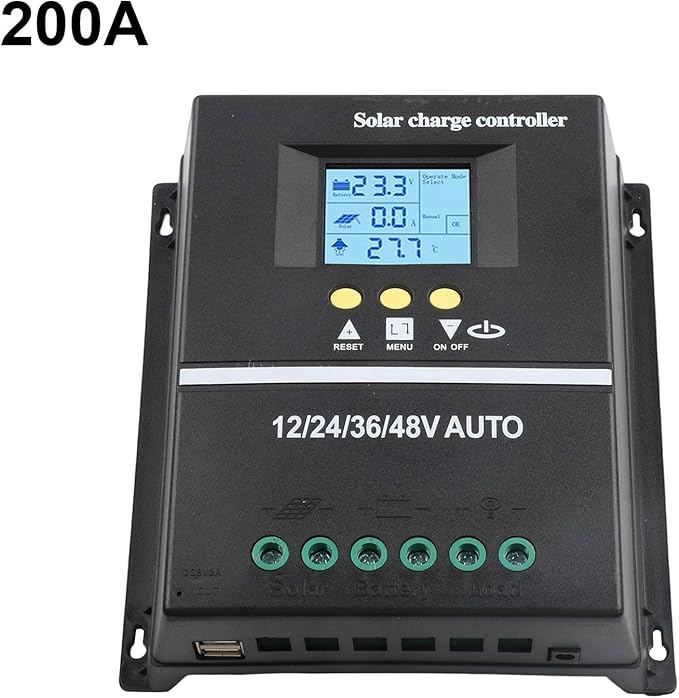 200A MPPT Solar Charge Controller with LCD Display Battery Regulator for 12V 24V 36V 48V System Dual USB Ports Aluminum Heat Sink