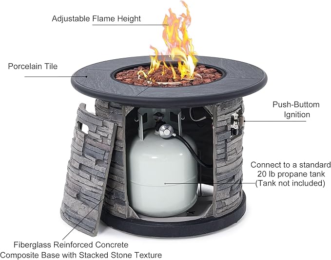 32-Inch Outdoor Porcelain Tile Propane Fire Table with Natural Gas Conversion Kit 50000 BTU Gas Fire Pit Table Concrete Composite Base with Faux Stacked Stone Texture Lid Lava Rocks Cover