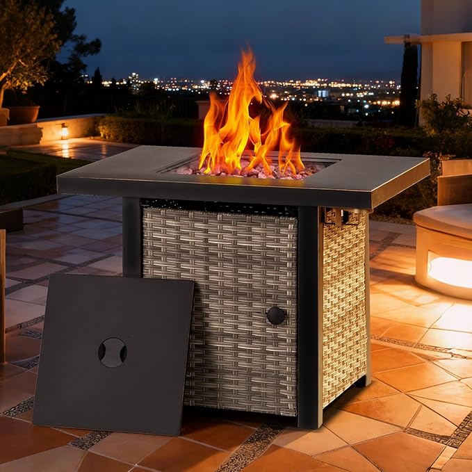 OutVue 32 Inch Propane Fire Pit Table Outdoor Gas Fire Pits with 2 Drink Holders Lid &amp Lava Rock 50000 BTU Firepit Table for Dinning Party in Outside Patio Garden or Yard