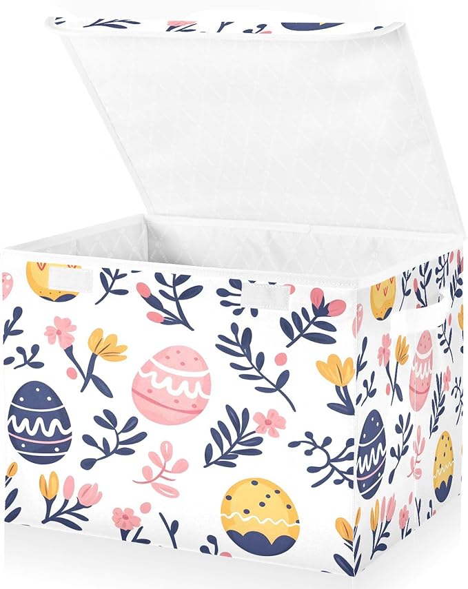 Doodle Easter Eggs and Flower Pattern Foldable Storage Baskets Fabric Boxes with Handle Organizers with Flip-Top Lids Storage Bins for Home Bedroom Office