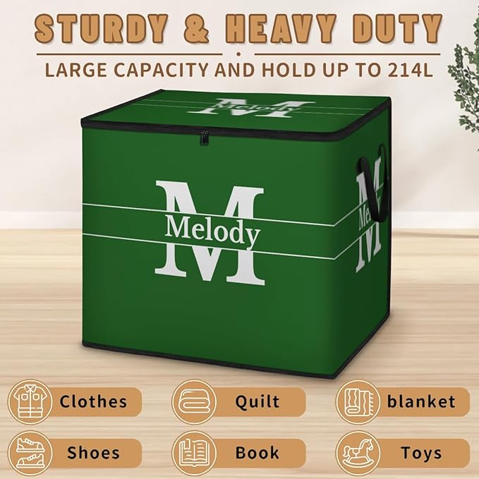 Personalized Storage Bags with Lid Large Blanket Clothes Organization and Storage Containers for ComfortersBedding Foldable Organizer with Reinforced Handle Forest Green with Initial Letter