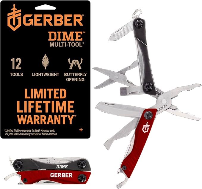 Gerber Gear Dime 12-in-1 Mini EDC Multitool - Needle Nose Pliers Pocket Knife Keychain Bottle Opener - EDC Gear and Equipment Gifts for Men - Red