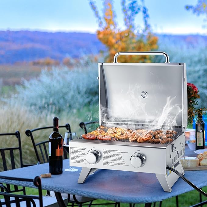 Giantex Portable Gas Grill with 2 Burner Max. 20000 BTU total Folding Legs Built-in Thermometer Travel Locks Stainless Steel Tabletop Propane Gas Grill for Camping Picnic Cookout RV BBQ