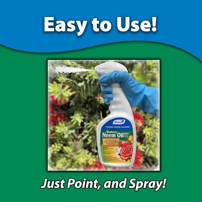 Monterey Neem Oil RTU – 32oz Fungicide/Insecticide/Miticide – Controls Black Spot Powdery Mildew Rust Spider Mites Aphids and More – Bunded with Garden Measure Spoon