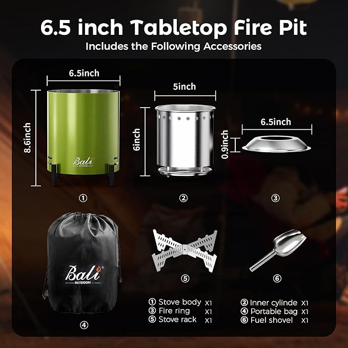 BALI OUTDOORS 6.5 inch Tabletop Fire Pit Round Stainless Steel Table Top Firepit Small Outdoor Smokeless Firepit Portable Green