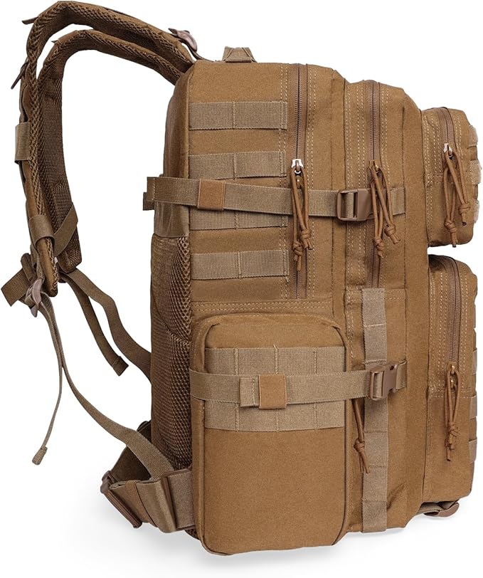 Military Tactical Backpack with Hidden Rain Cover 50L MOLLE Army Backpack for Men 3-Day Assault Rucksack for Trekking Heavy Duty Waterproof Pack Bag for Camping Hiking - Khaki