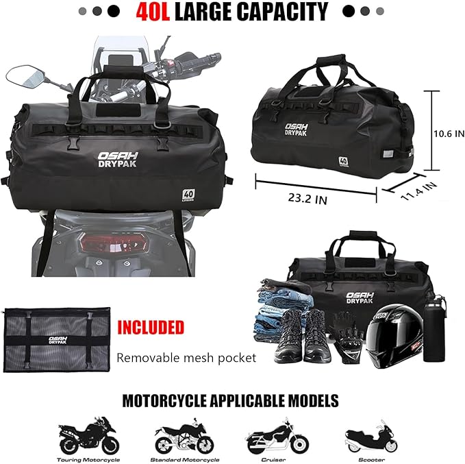 Waterproof Duffel Bag - Motorcycle Dry Bag 40L Tail Bag with Large Storage Space Waterproof Duffle Bags with Outer Mesh Zipper Pocket for Camping Kayaking Fishing &amp Traveling-Mudbrown