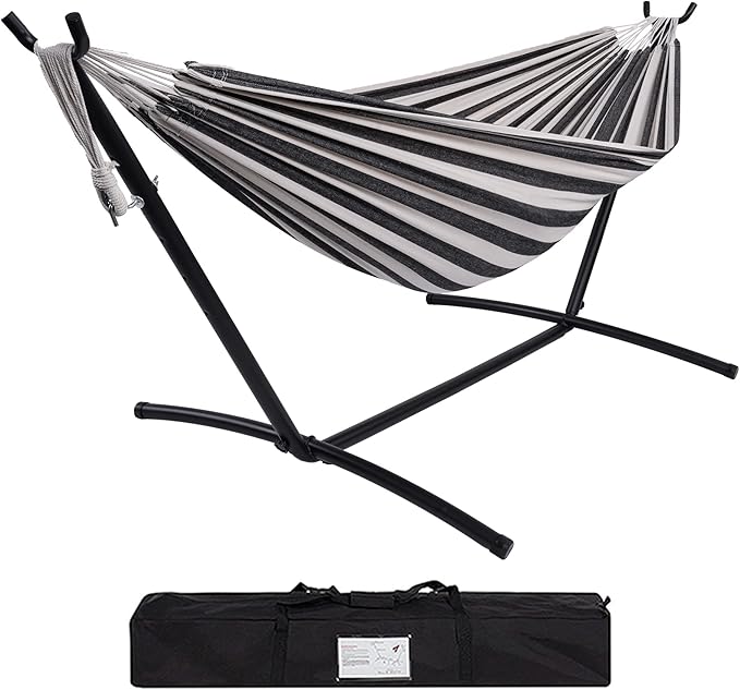 Prime Garden Hammock with Stand for Outside Heavy Duty Space Saving Steel Stand with 450 lb CapacityDouble Hammock with Portable Carrying Bag Hamacas para Adultos for Outdoors Patio Garden Yard