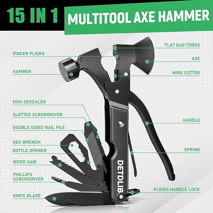 15-in-1 Multitool Axe Hatchet Birthday Gifts for Men Essential for Camping Hiking Cool Gadget Gifts for Men. Women Dad Him Husband Father Mechanic Boyfriend Black
