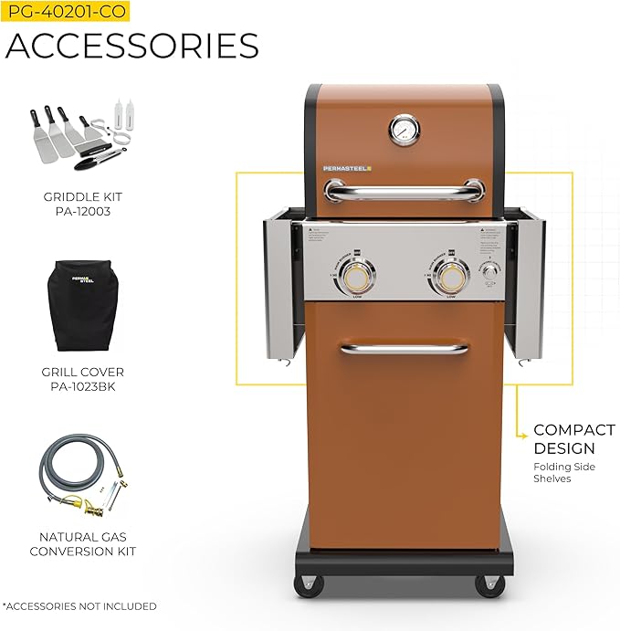 Permasteel 2-Burner Propane Gas Grill BBQ Grill with Foldable Side Tables &amp Tool Hooks Perfect for Outdoor Cooking Patio &amp Garden Copper