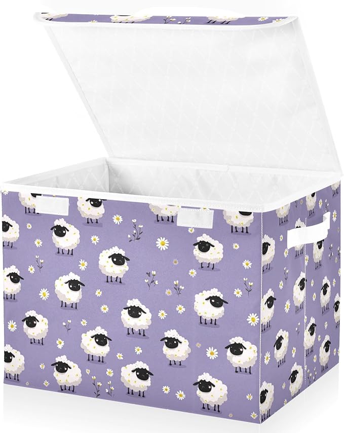 Lavender Sheep and Daisy Collapsible Storage Bins with Lids Decorative Fabric Cubes Closet Organizer Basket Boxes Containers for Clothes Box Chest Folding Rectangle
