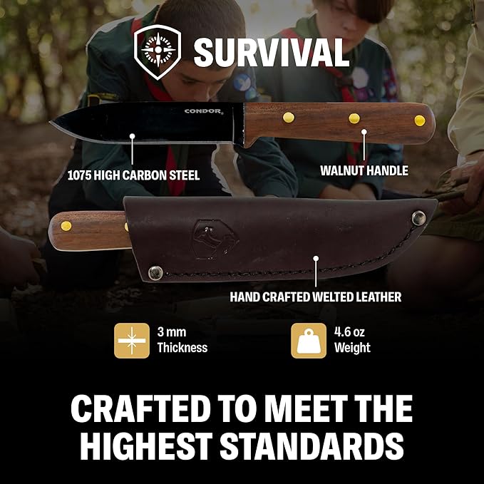 Condor Tool &amp Knife Kephart Knife 4 1/2 Inch W/Leather Sheath - 1075 High-Carbon Steel Blade - Ergonomic Walnut Handle for Precise Control - Ideal for Survival Camping and Outdoor Adventures