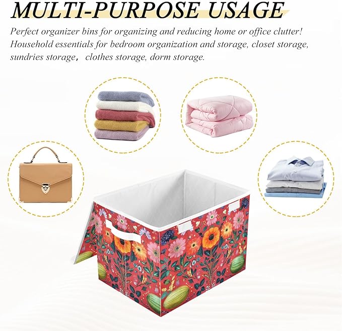AIXIWAWA Lidded Storage Cube (Pattern Flowers) Fabric Foldable Closet Bins with Flip Lid and Handles Organizer Basket Container 16.5 x 12.6 x 11.8 IN