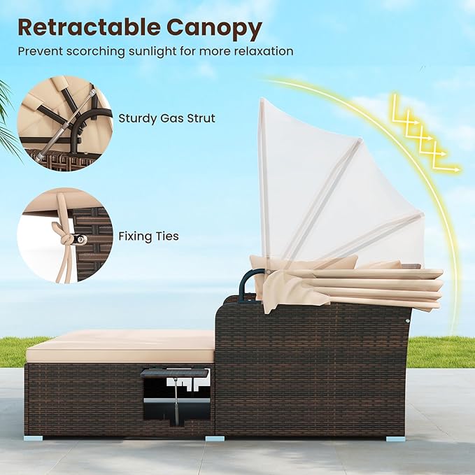 Tangkula Patio Rattan Daybed with Retractable Canopy Outdoor Wicker Sunbed with 2 Foldable Side Tables Thick Seat &amp Back Cushions Outside Double Daybed for Garden Backyard Porch Beige &amp