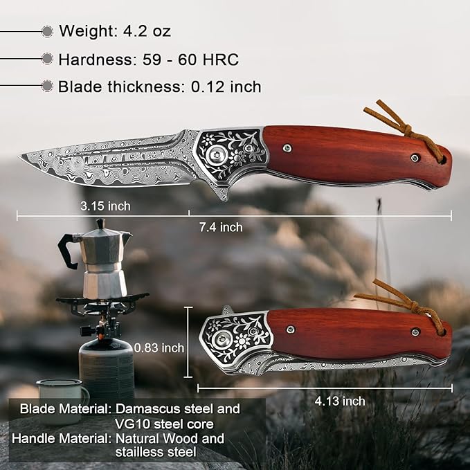 KOMWERO Damascus Pocket Knife VG10 Damascus Steel Folding Knife with Wood Handle Leather Sheath Liner Lock EDC Knife for Outdoor Survival Hunting Collection