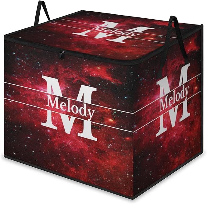 Personalized Name Foldable Storage Basket Cubes with Lid Laundy Hamper Dirty Clothes Pet Toys Storage Bin with Handles for Shelf Home Closet Kitchen Red Galaxy Universe with Initial Letter