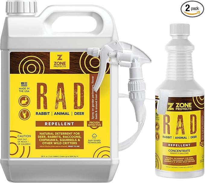 R.A.D. Rabbit Animal Deer Repellent Bundle – 1 Gallon Spray + 32oz Concentrate Natural Formula Keeps Deer and Rabbits Out of Your Garden