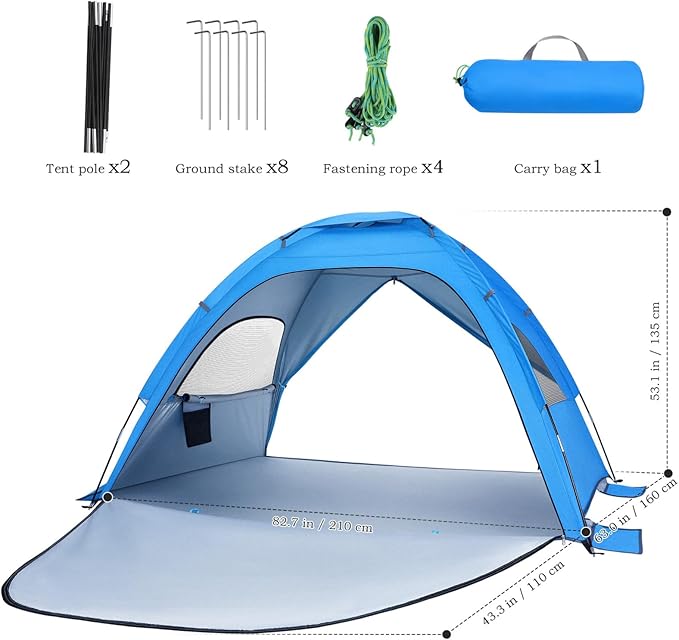 BESTonZON Foldable Beach Tent – Instant Pop-Up Sun Shelter with UPF 50+ UV Protection Lightweight Portable for Beach Camping Backyard Includes Carry Bag Stakes Windproof Anchors