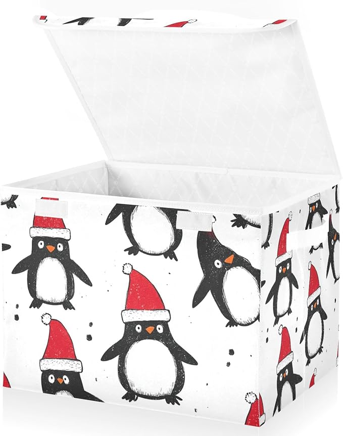 Collapsible Storage Bins with Lids Decorative Fabric Storage Cubes Closet Organizer and Storage Basket Boxes Containers for Clothes Box Chest Nursery Folding Rectangle White Penguin Christmas
