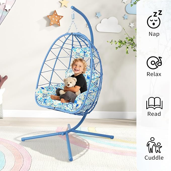 Hanging Egg Chair with Stand Outdoor Indoor Patio Rattan Swing Hammock Chairs with Washable Cushion PE Wicker Swing Chair for Backyard Bedroom Garden (Blue + Floral Cushion No Footrest)