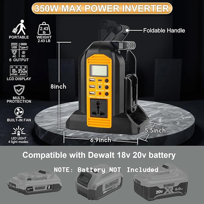 DC 20V to AC 120V Power Inverter Compatible with Dewalt 20V Max Battery 350W Pure Sine Wave Portable Power Inverter Converter with LCD Display and LED Light 2 Battery Port