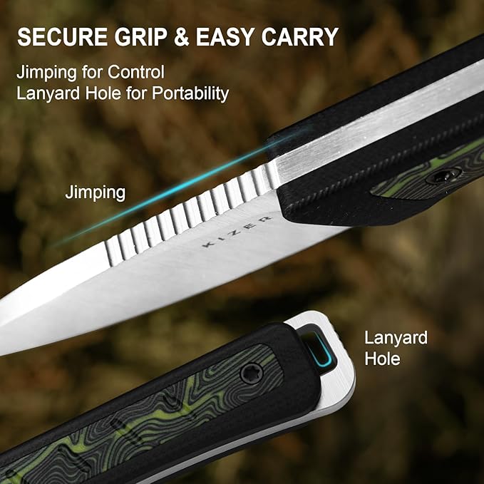 Kizer Whiskey Jack Fixed Blade Knife 2.06 Drop Point AEB-L Blade Hunting Knife with Kydex Sheath Black &amp Green G10 &amp Damascus G10 Handle EDC Knives for Camping Survival 1108A3