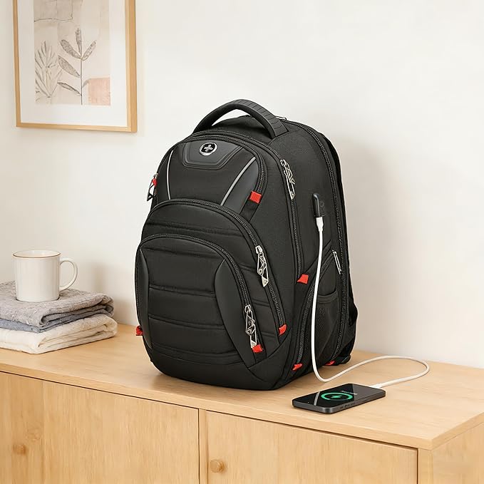 Swissdigital Design Travel Backpack for men with Apple Find My TSA Friendly USB Charging RFID Protection Business Backpack Fits 15.6 Laptops Black | J149508F-BR