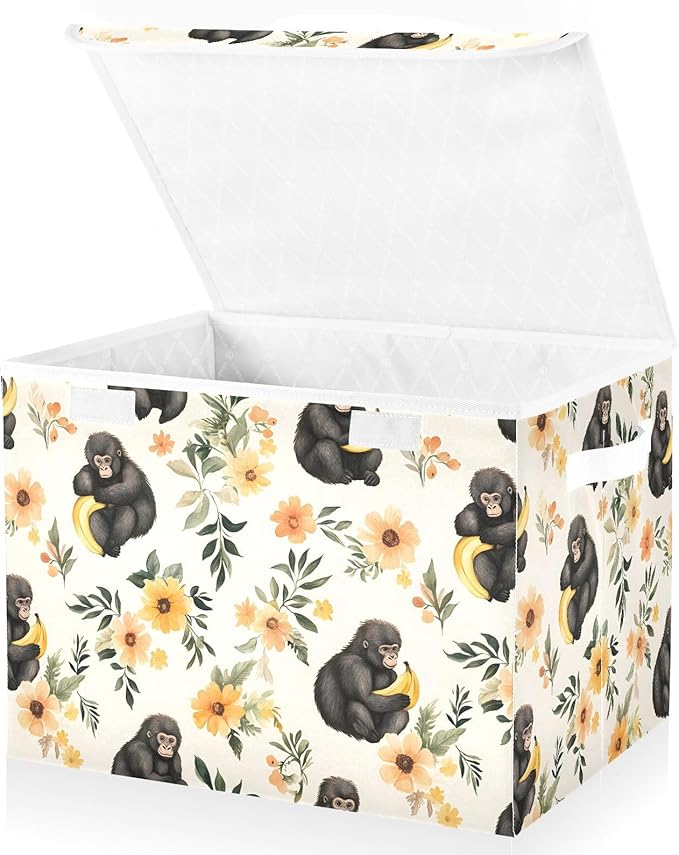 Gorilla Floral Storage Cube Bins Basket with Lid Collapsible Flip-top Fabric with Handle for Home Bedroom Closet Office 16.5×12.6×11.8 in