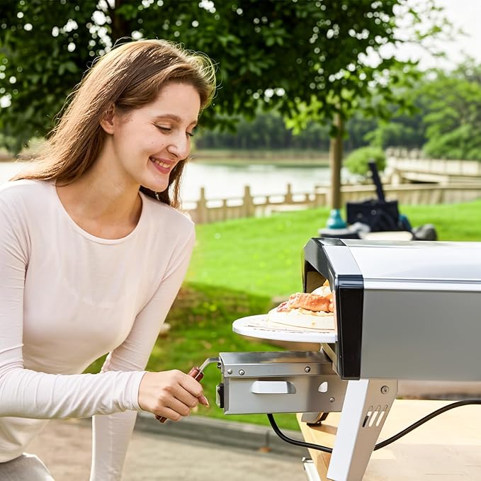 MELLCOM 20 Inch Outdoor Gas Pizza Oven 360° Auto Rotating Pizza Stone with Pull Out Handle Includes Pizza Peel &amp Carry Bag Portable Stainless Steel Propane Pizza Oven for Backyard Camping Gri