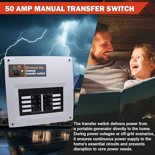 50 Amp 240V Manual Transfer Switch Kit Indoor Pre-Wired 10-Circuit Selector Compatible with Generac 9854for Portable Generators Such as XG10000E XP10000E GP15000E and GP17500E