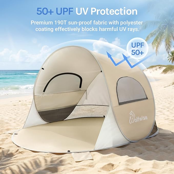 Wolfwise Pop up Beach Tent Sun Shelter with UPF50+ UV Protection Instant Easy Setup Popup Beach Shade Canopy for 2 Person Portable &amp Foldable with Carring Bag 79 ×49×38 in Beige