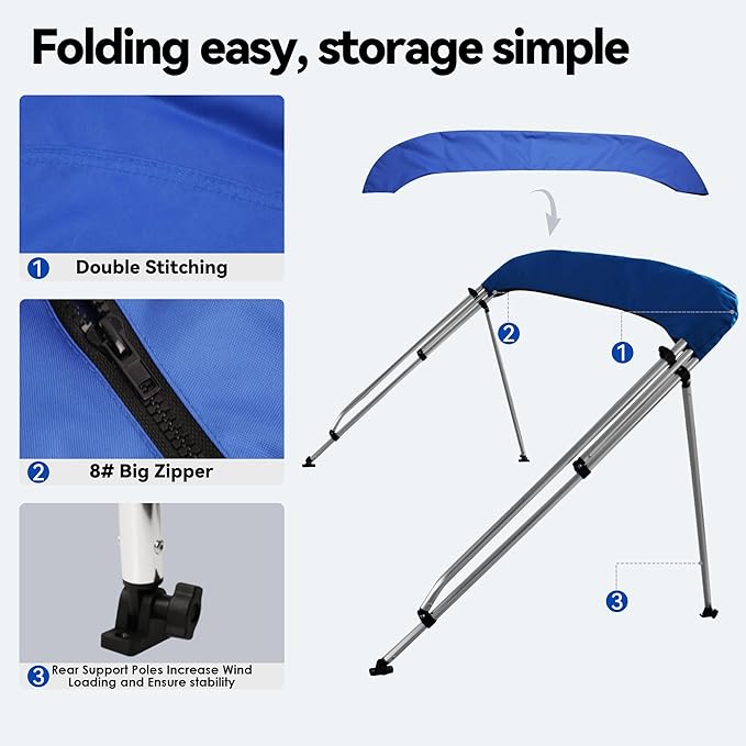 Deckpro 3 Bow / 4Bow Boat Bimini Tops 600D Solution Dyed Polyester Canopy with 1 Aluminum Alloy Frame Boat Canopy Waterproof and Sun Shade Includes Storage Boot 2 Support Poles 2 Straps