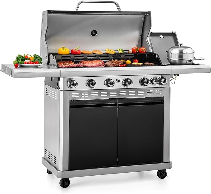Sophia &amp William 6-Burner Propane Gas BBQ Grill with Side Burner &amp Porcelain-Enameled Cast Iron Grates Gas Grill Griddle Combo for Outdoor Cooking Barbecue Events 740 SQ.IN. Cooking Area B