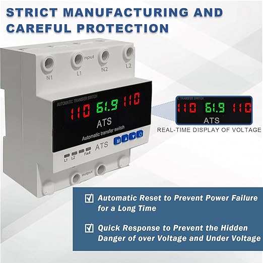 2P Automatic Transfer Switch with LCD Display 63A 110V Double Power ATS with 3 Digital Displays for Input Real-Time Volrage/Current Monitoring Automatic Changeover for Utility/Generator/Solar
