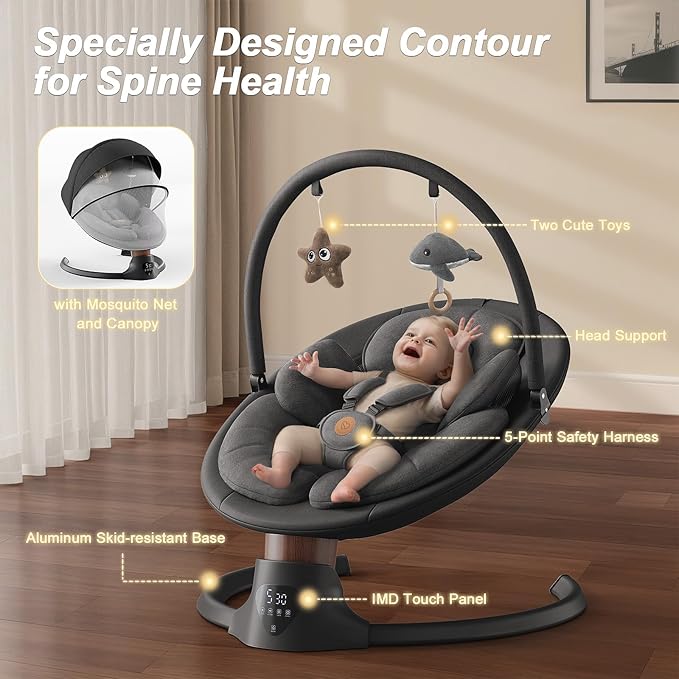 Baby Swings for Infants FasonBaby Electric Baby Swing with 10 Preset Melodies 5 Speeds Remote Control and Bluetooth - Portable Infant Swing for Indoor and Outdoor(Black)