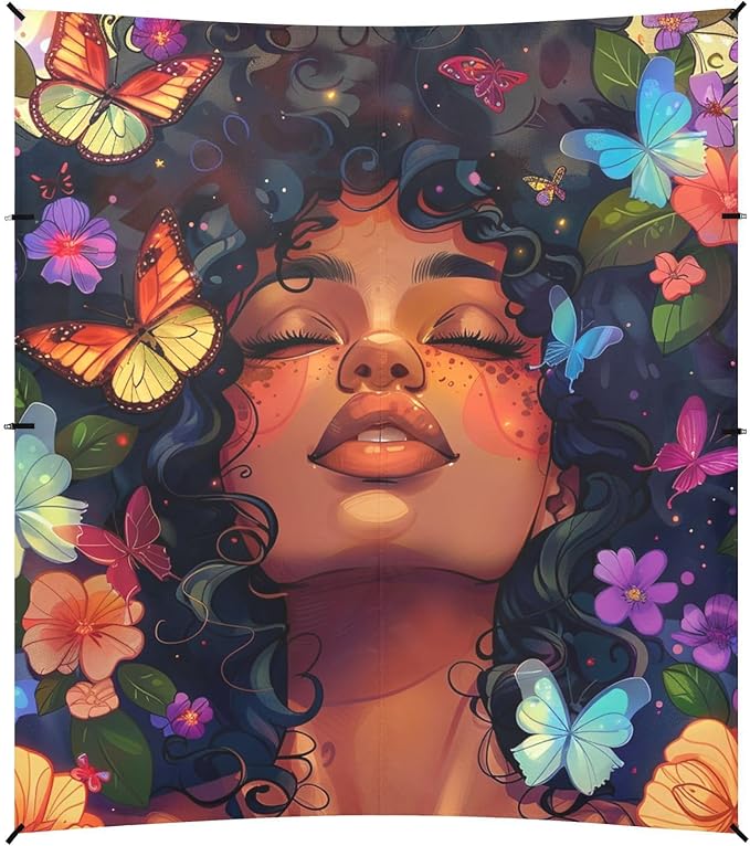 ALAZA Beautiful Black Woman Butterflies Flowers Beach Tent Sun Shelter Portable Canopy Sunshade for Outdoor Camping Picnics Backyard Fun 10x9 ft