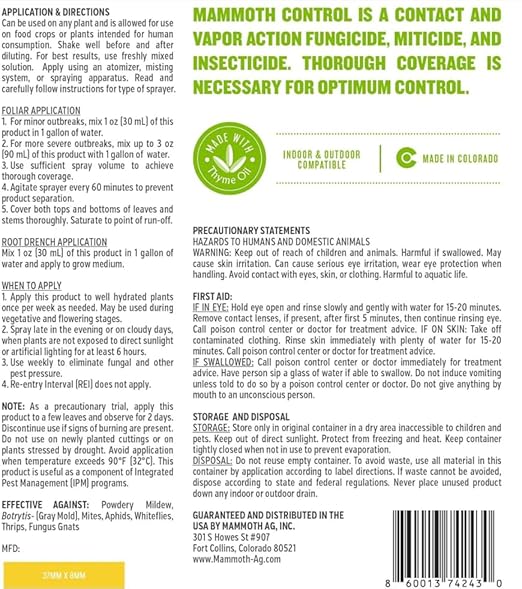 Mammoth Control - Concentrated Miticide Fungicide and Insecticide - Made with Thyme Oil (1000 ml)