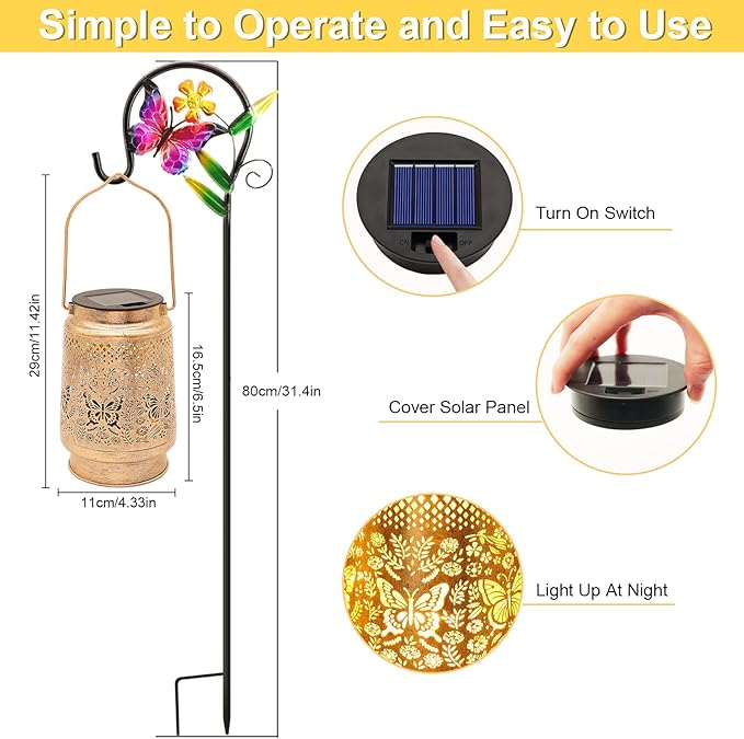 Butterfly Solar Lanterns Outdoor with Shepherd Hook Birthday Gift Mothers Day Gift for Women Mom Grandma Wife Daughter Waterproof LED Hanging Lights Decor for Yard Garden Patio Porch Lawn Tabletop