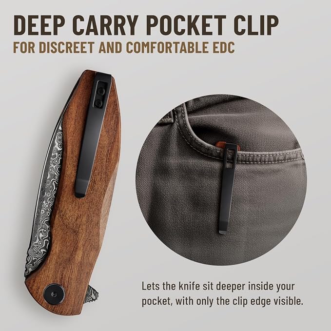 GOOD WORKER Folding Pocket Knife – Damascus Blade Guibourtia Wood Handle – Elegant Gift-Ready EDC Knife with Deep Carry Clip Legal in All States - Gifts for Men - 6700 D